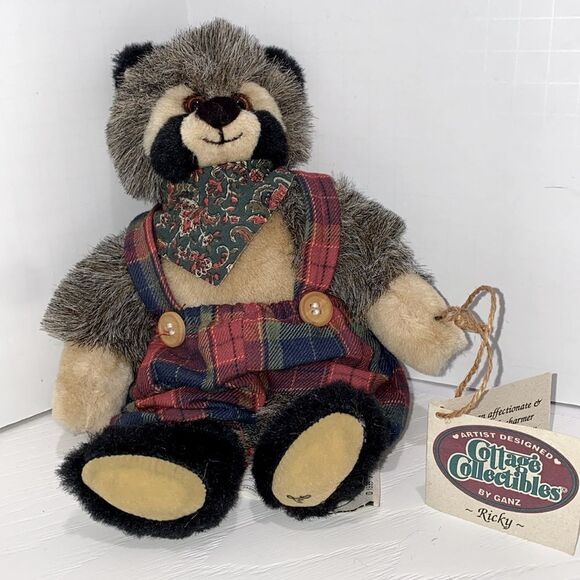 Vintage Ganz Cottage Collection Ricky Plush Raccoon Toy with Plaid Overalls - Picture 3 of 13